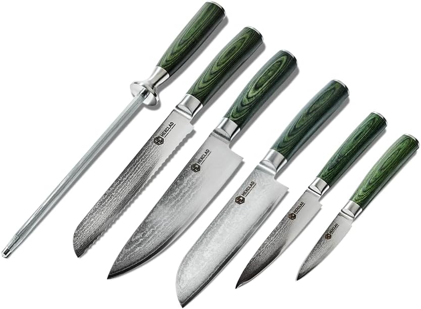 Green 6 Piece Japanese Damascus Stainless Steel Knife Set | Full Tang Construction, Pakkawood Handle, 67 Layers Steel