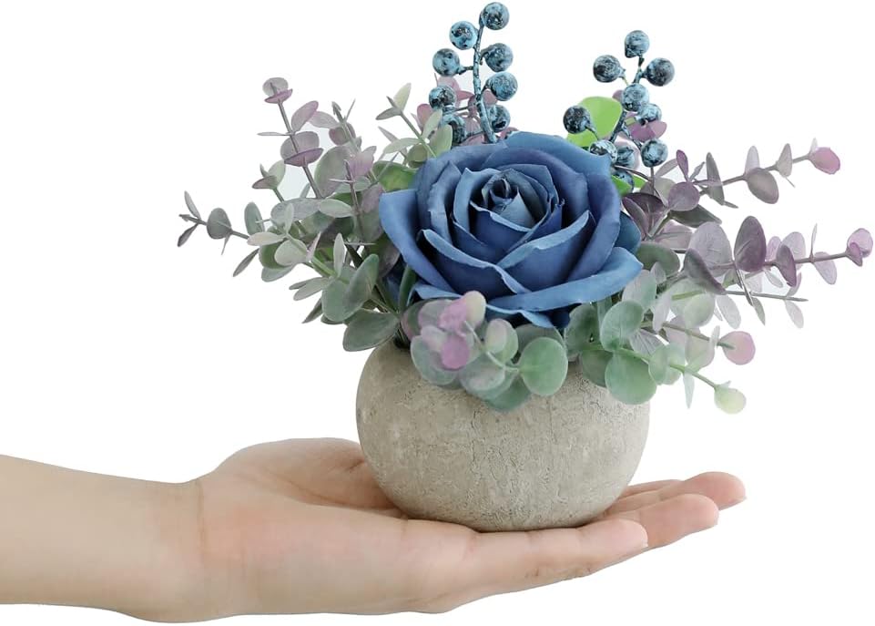 Small Artificial Blue Rose Potted Plant, Mini Faux Floral Decor