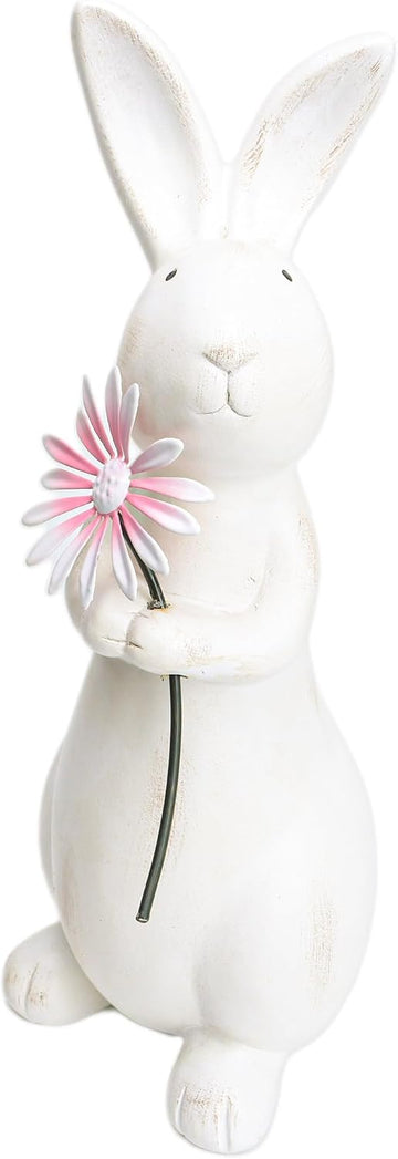 Spring Easter Decorations, 13.2" Distressed Resin Easter Bunny with Pink Flower, Easter Gifts, Farmhouse Decorative