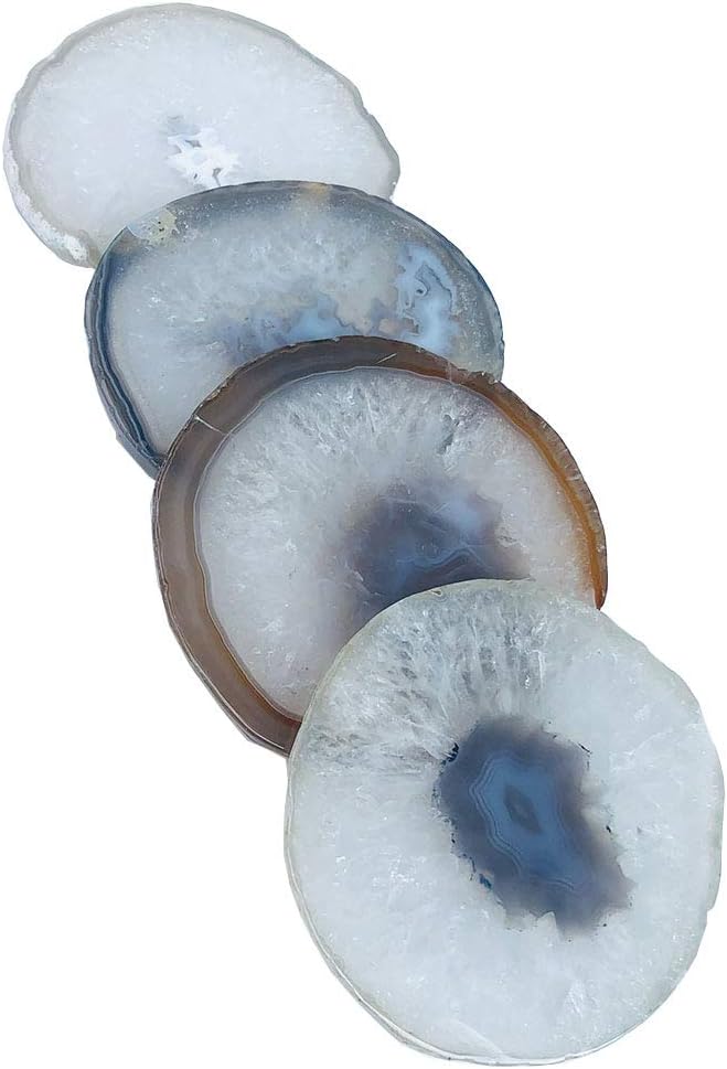 Real Natural Large Sliced Gemstone Agate Coasters/4.3 to 5 Inches// Gift Box Packed/Natural Color, White - Set of 4