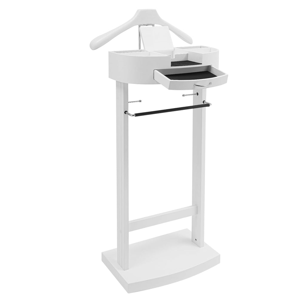 Wooden Valet Stand, Crescent Moon Valet for Men Freestanding Suit Clothes Valet with Drawer, Tray, Contour Hanger