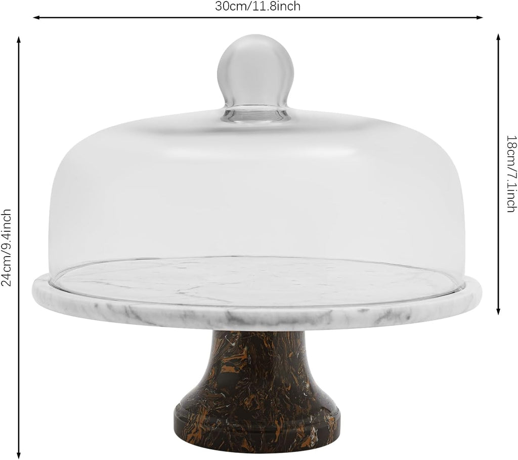 Marble Cake Stand with Dome Lid, 11.8In Diameter Groove Design 44LBS Bearing Nordic Polishing Marble Texture