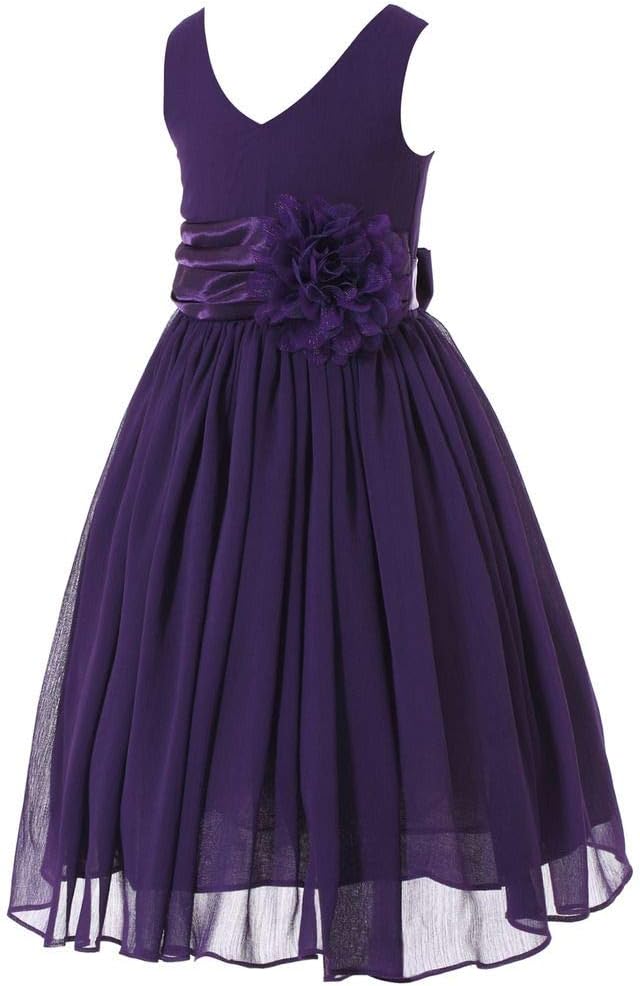 Flower Girl Dress, Junior Bridesmaid V-Neck Chiffon Formal Style