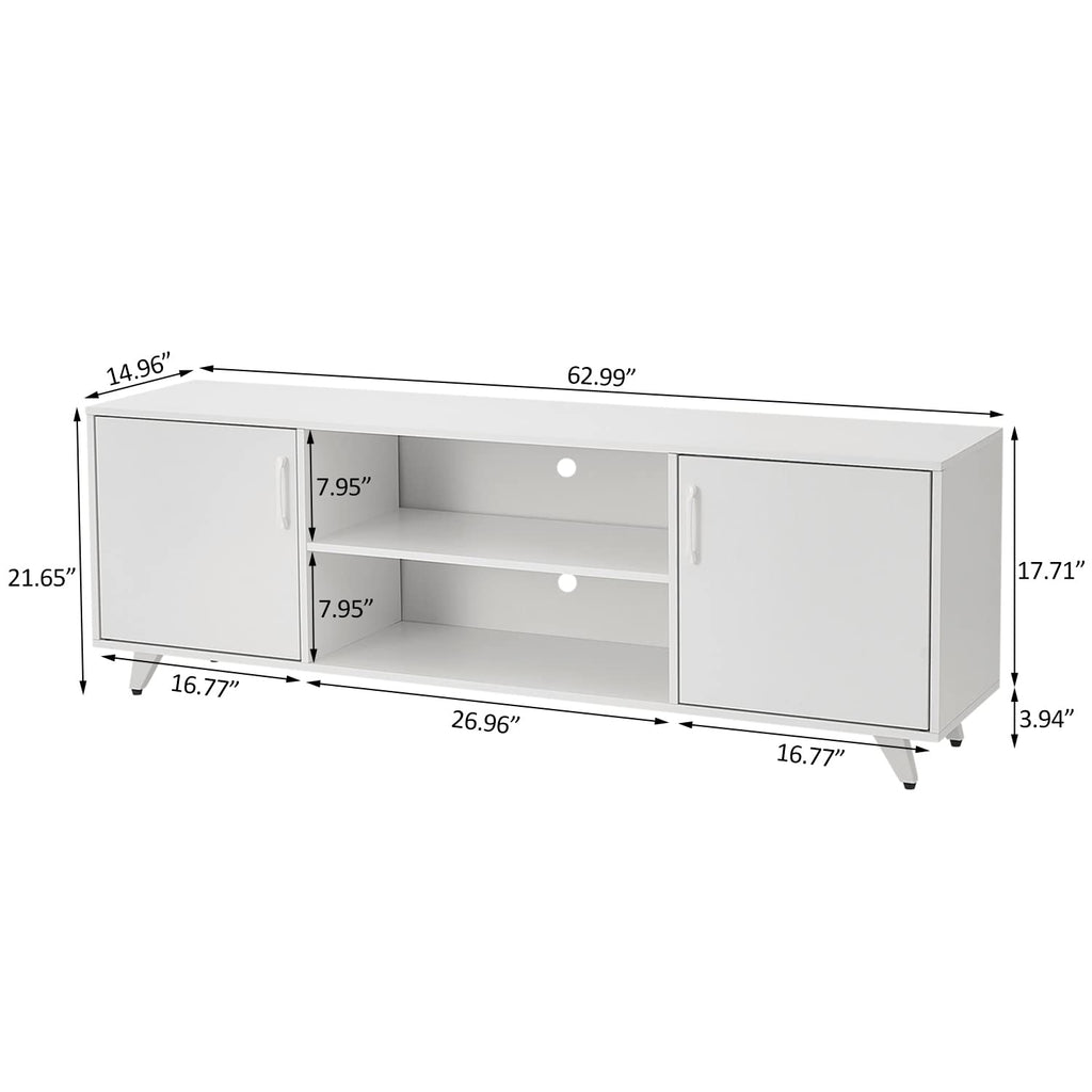 Modern TV Stand, Entertainment Center Television Stands Console with 2 Doors & Shelves Media Console (White, 63" x