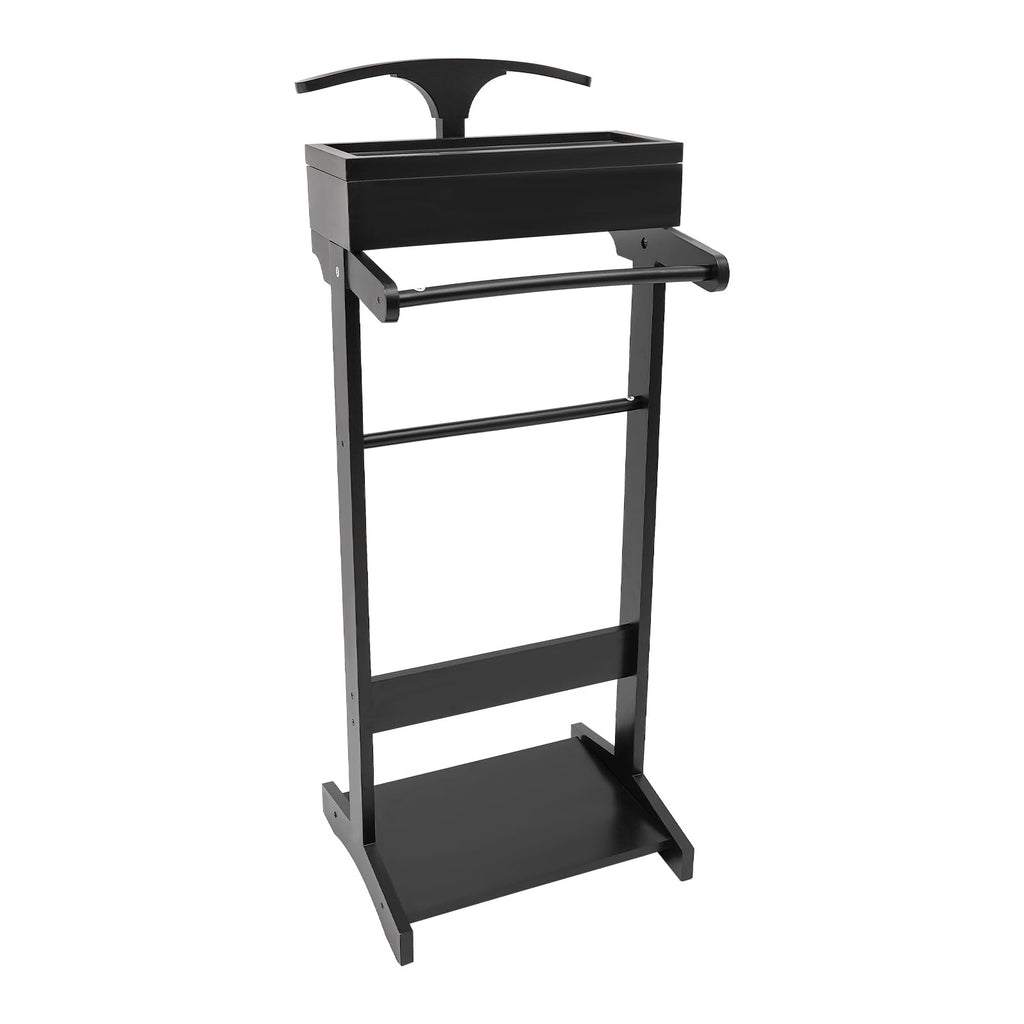 Wood Men Valet Stand Multifunction Clothes Valet Floorstanding Suit Stand Rack with Drawer & Shoe Rack Use (Black)