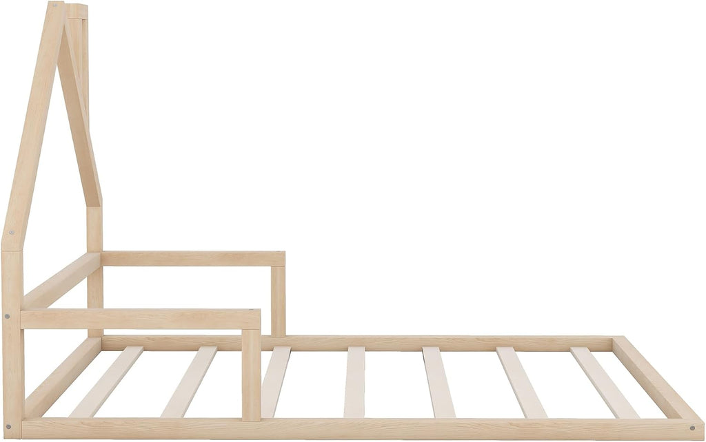 Full Size Wood Floor Bed with House-Shaped Headboard, Wooden Platform Bed Frame, No Box Spring Required