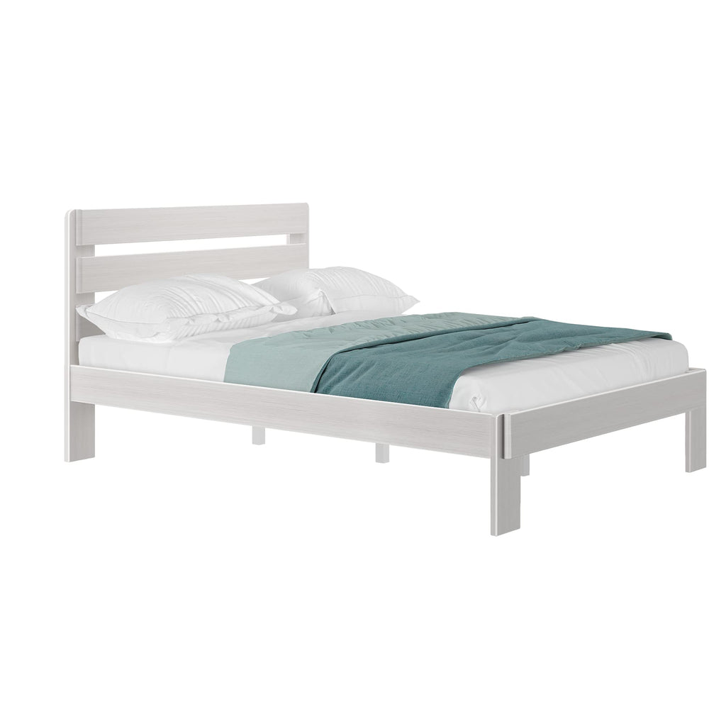 Modern Farmhouse Single Bed (Queen), Plank Headboard, White Wash