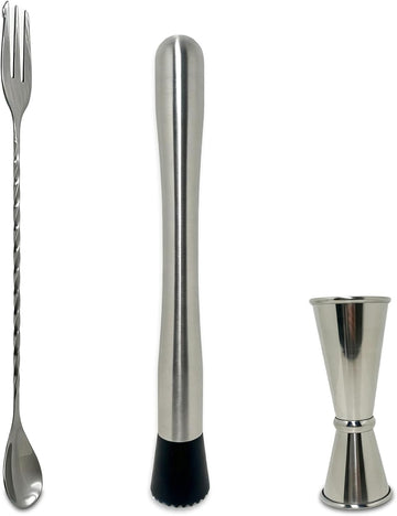Cocktail Bar Muddler, Mixing Spoon and Measuring Jigger Bartending - Set of 3
