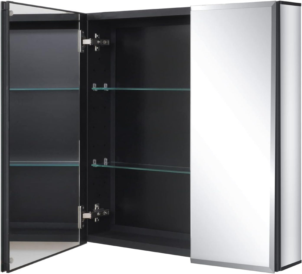 24 x 24 Black Double Door Bathroom Medicine Cabinet with Mirror, Wall Mount | Two-Door Bathroom Wall Mirror Cabinet