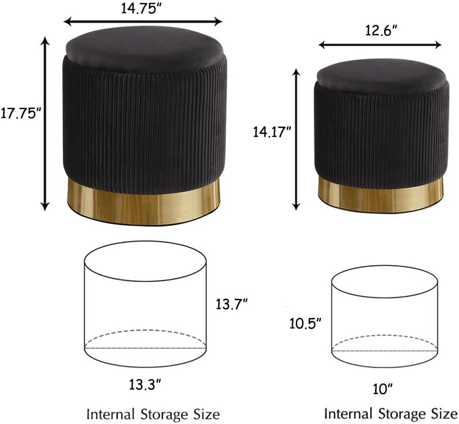 Round Ottoman with Storage Set of 2 Black Velvet Vanity Stool | Upholstered,Small Ottoman Coffee Table,Removable