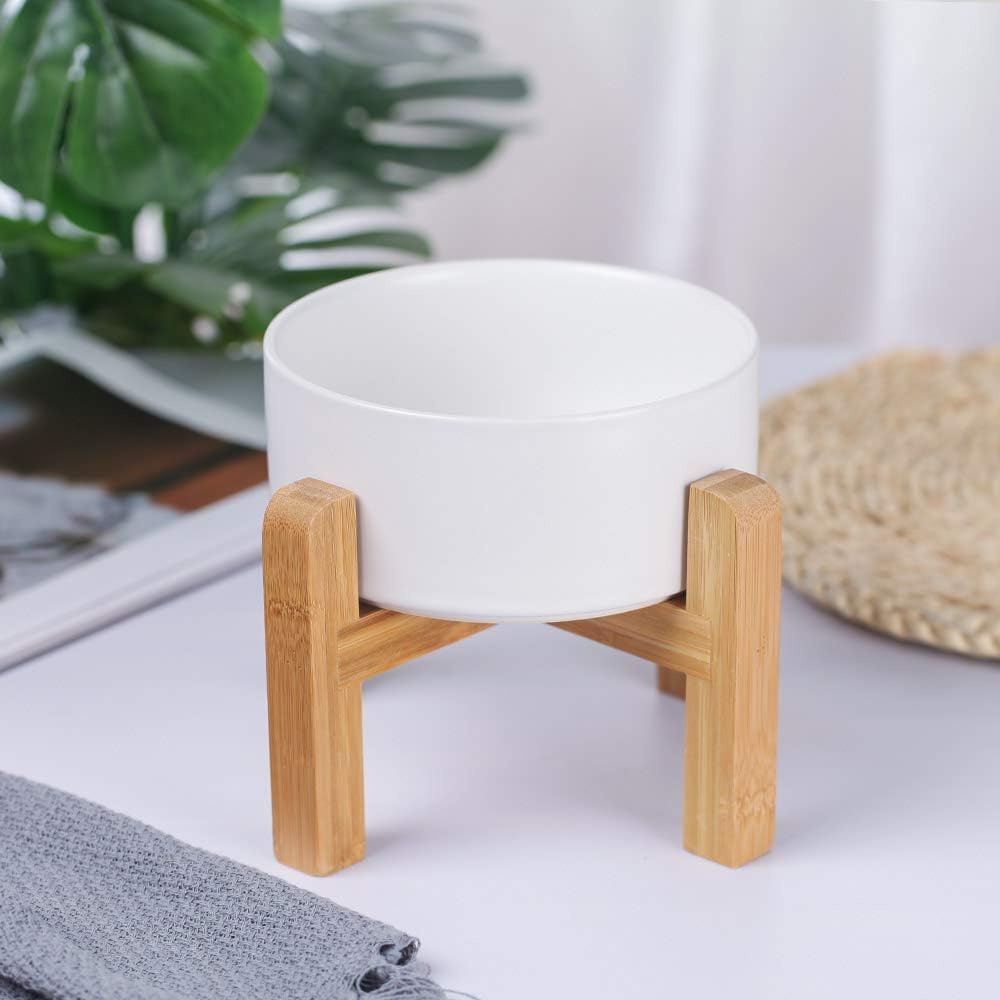 Ceramic Elevated Dog Bowl with Bamboo Stand, for Small & Medium Dog, White