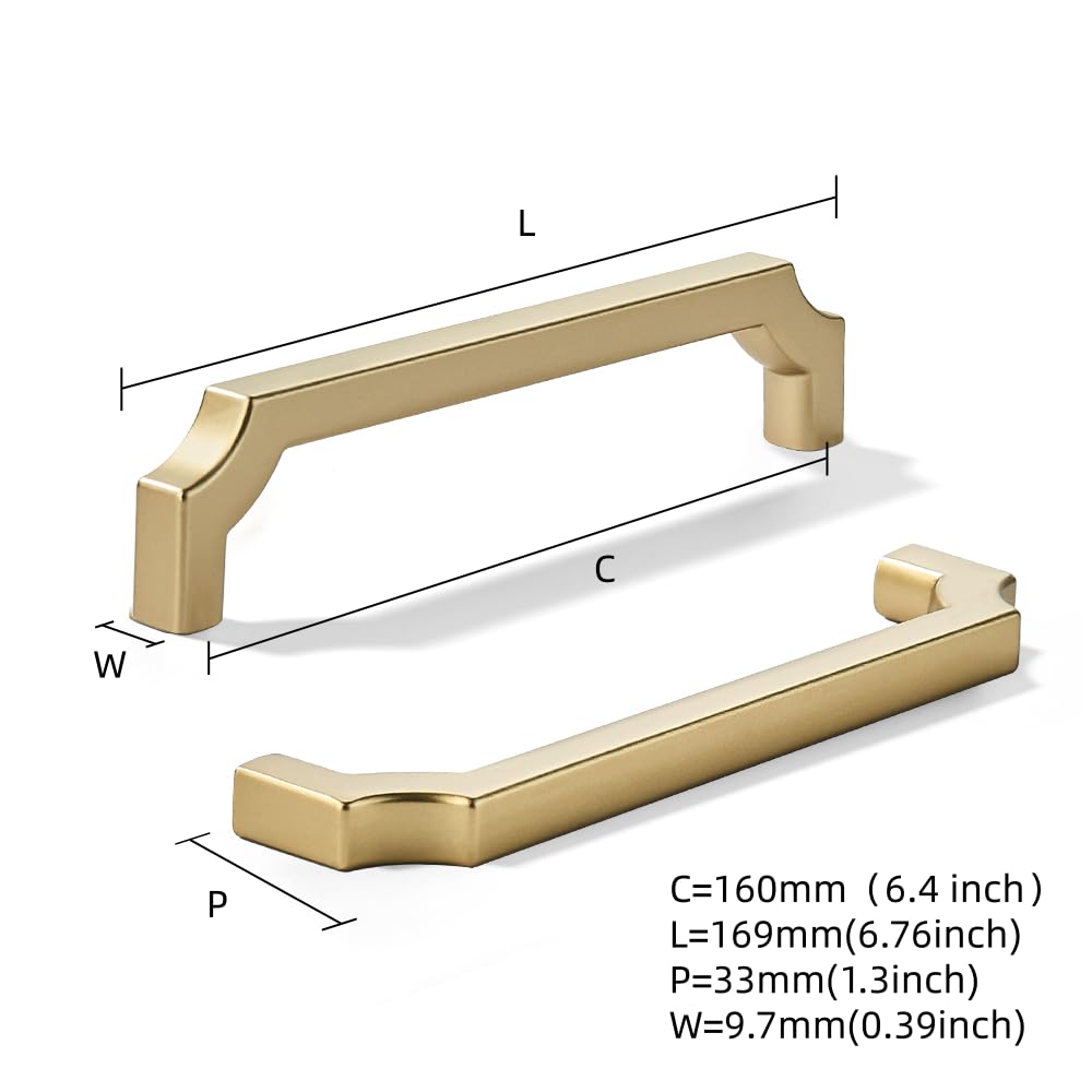 2-Pack 6-1/4-Inch(160mm) Gold Cabinet Pulls,Wear-Resistant Long-Lasting Brass Handles Bathroom Hardware, Drawers and