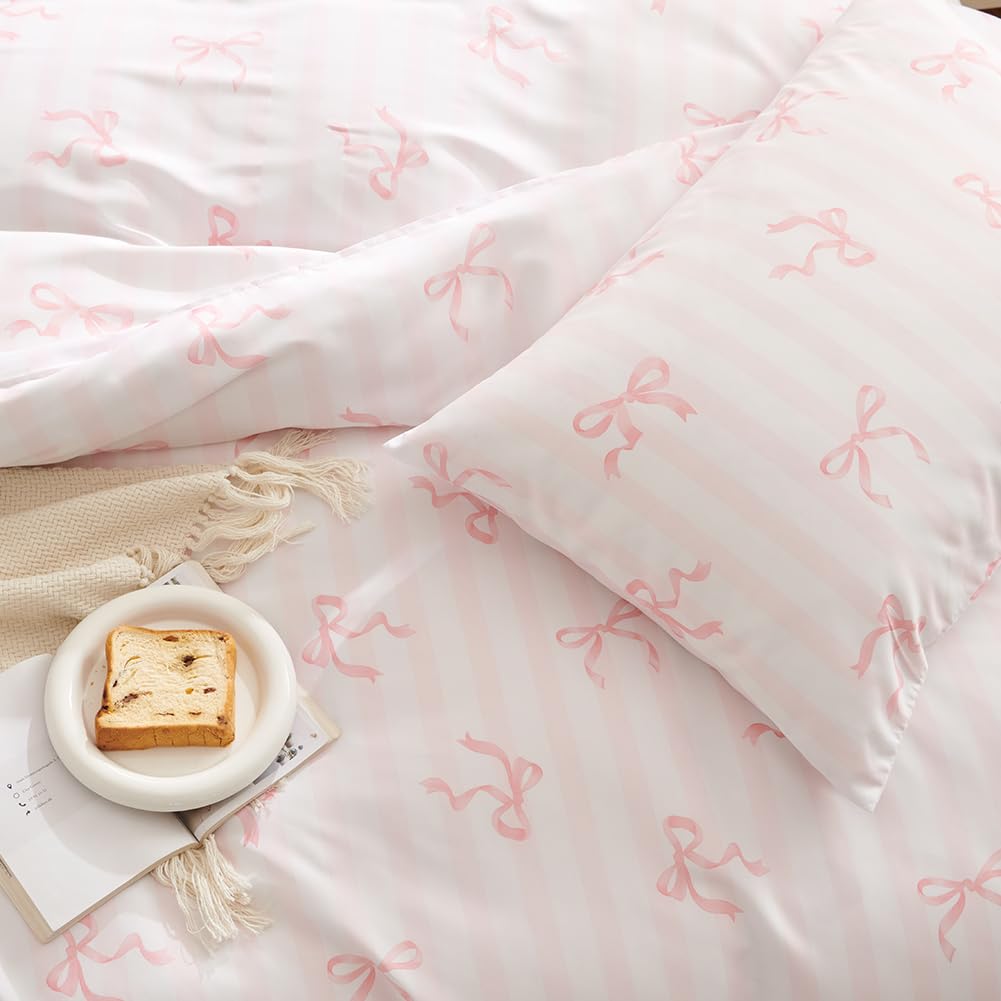 Pink Bow Striped Duvet Cover Set