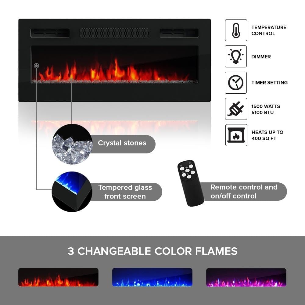 Cali BL-EF Electric Fireplace - Wall Mounted Media Console with Storage Cabinets - Modern High Gloss, 72