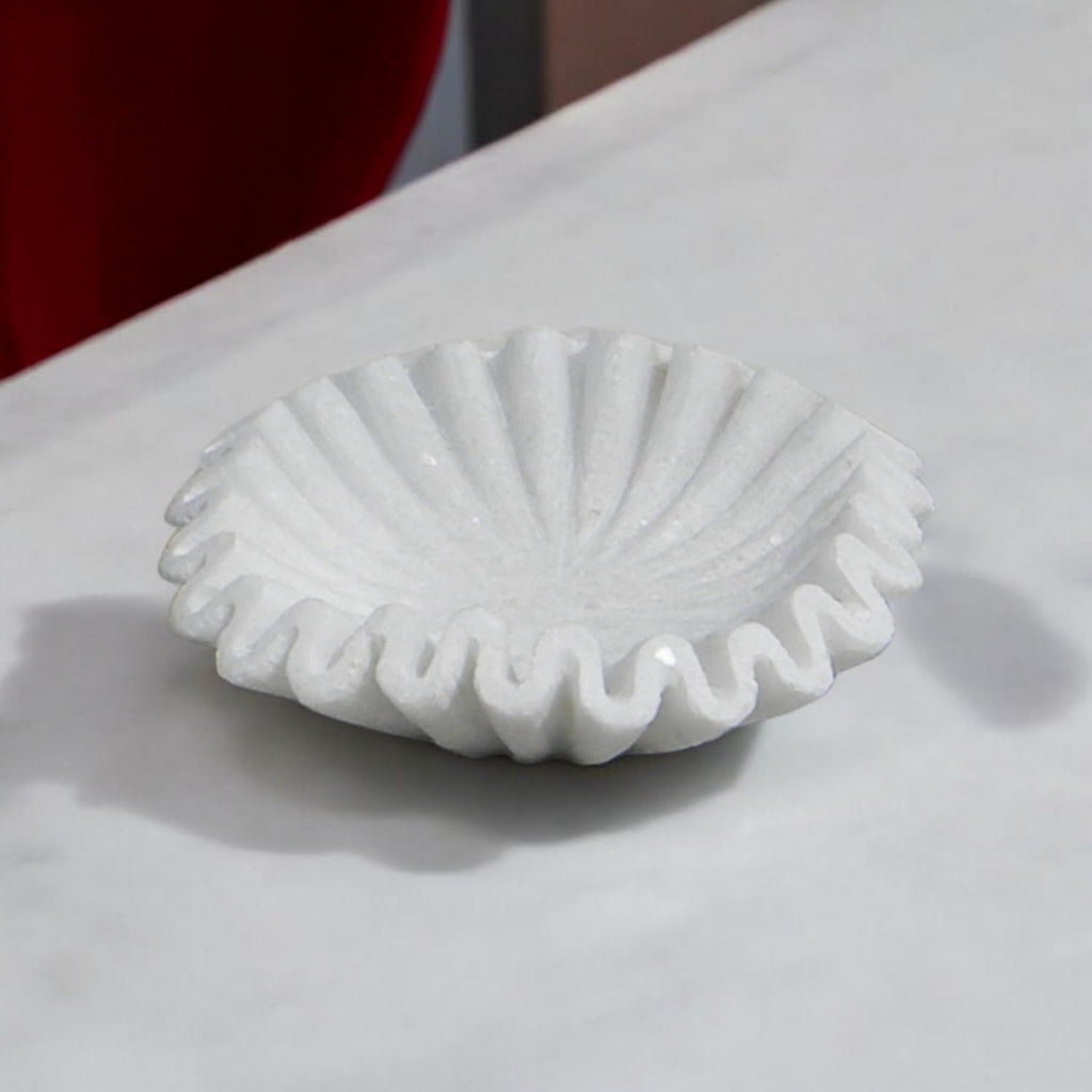 Marble Ruffle Bowl Handcrafted Decorative ScallopBowls - Antique Catchall Jewelry Dish Fruit Organizer (6 inches)