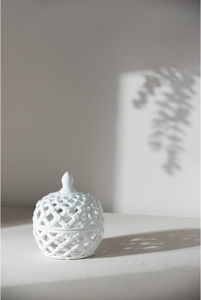 D8X9.5 White Ceramic Lidded Jar with Lattice Design - White - Delicate Lattice Design with Tiny Flowers - Tabletop