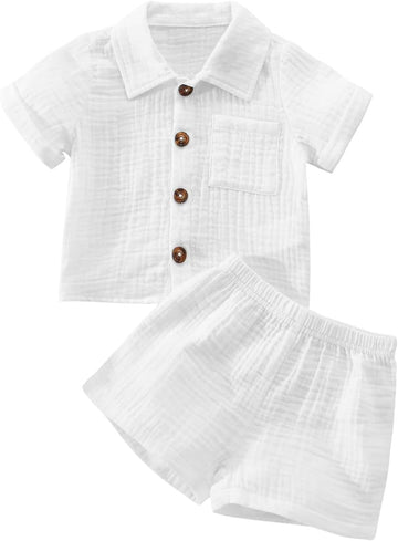 Kids Toddler Boy Summer Clothes Button Down Shirt and Shorts Solid Color Cotton Linen 2 Piece Outfit Set for Boys