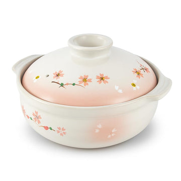 Clay Pot for Cooking Japanese Donabe Hot Pot Casserole Korean Earthenware Pot with Lid, Sakura Pattern, 7-inch