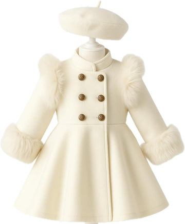 Girls double breasted faux fur dress coat peacoat toddler outfit birthday spring photoshoot easter