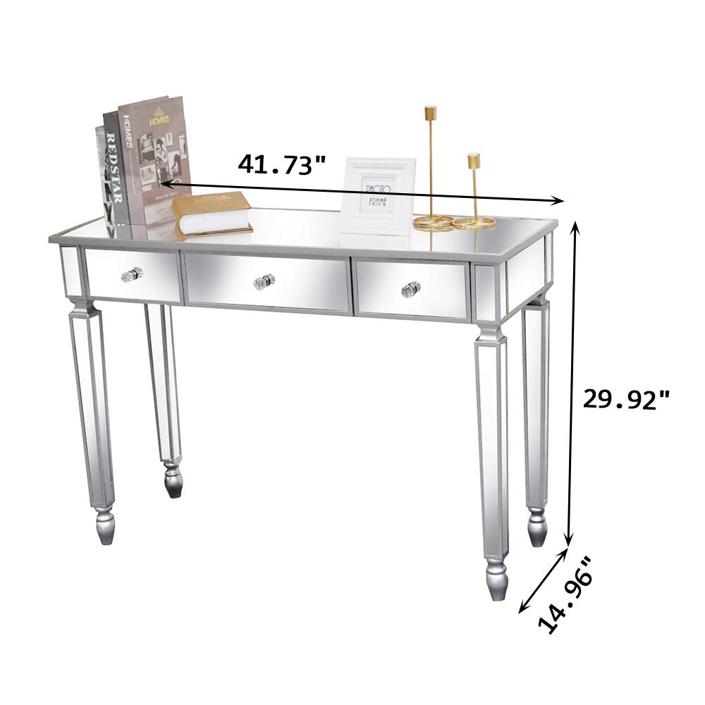 Mirrored Console Table Makeup Vanity Table Dressing Desk with 3 Drawer, 41" Silver Sofa Table Modern Glass Accent