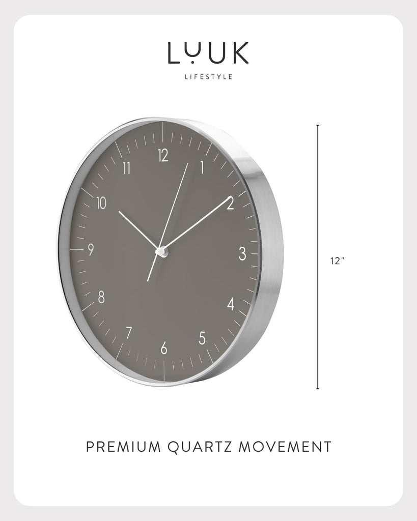 Modern Silent Quartz Wall Clock, 12in, Dark Grey & Gold