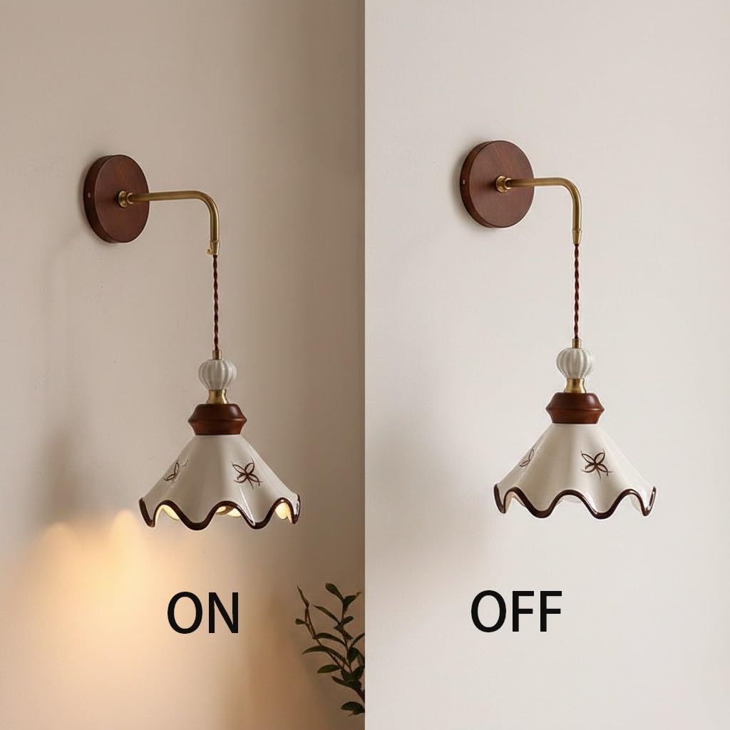 French Vintage Ceramic Wall Sconce Lighting, Hand-Painted Scalloped Wall Light Fixture, Mid-Century Modern Brass Wall
