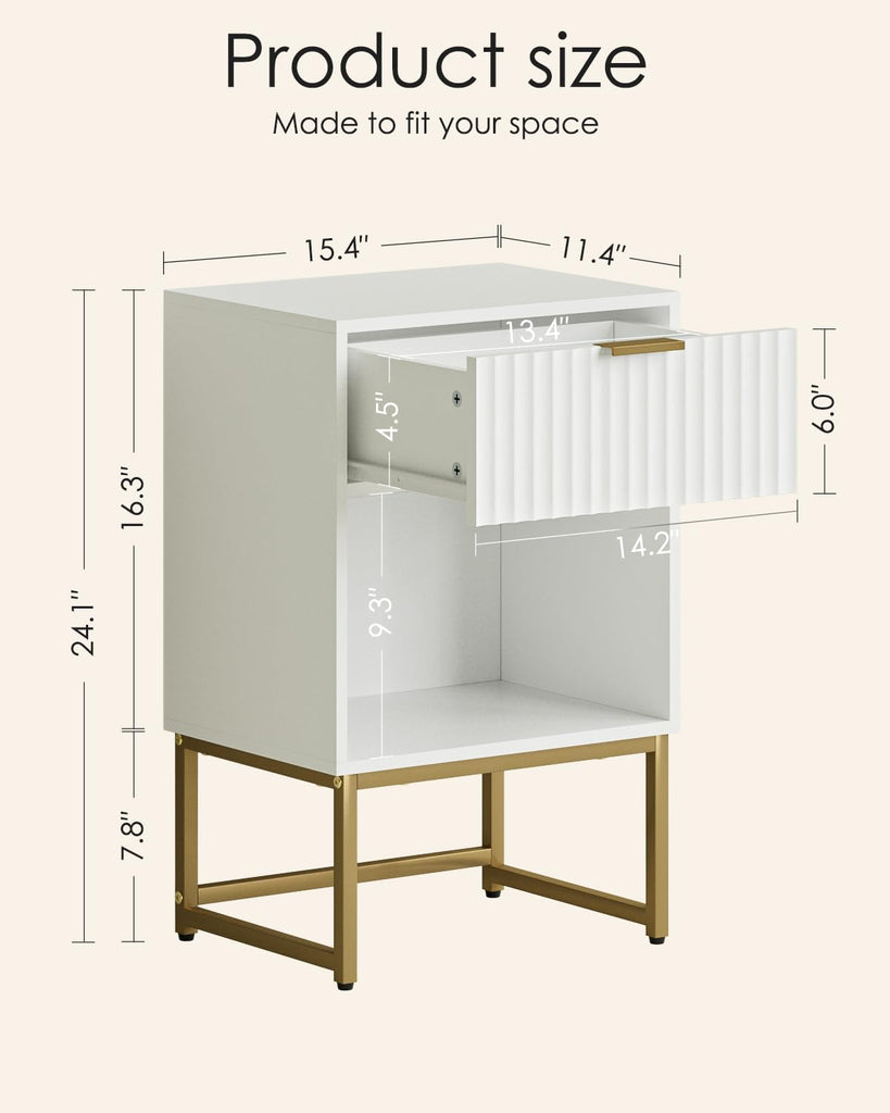 White Nightstand, Fluted Night Stand, Wood Bedside Table with Storage Drawer, Modern Side End Table, White
