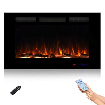 36" WiFi Smart Recessed Electric Fireplace Insert, 5 Flame Settings, Log Set or Crystal Options, Temperature Control