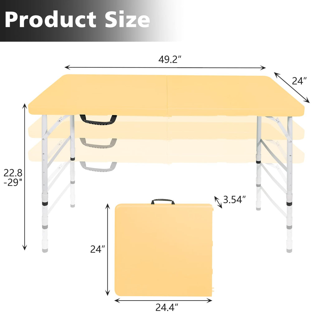 Portable 4Ft Folding Table, Heavy Duty Plastic Fold-in-Half Utility Foldable Table, Adjustable Height Plastic Folding