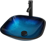 HM HomeMieco 17 Inch Square Blue Glass Vessel Sink Bathroom Bowl Sink with Faucet and Drain