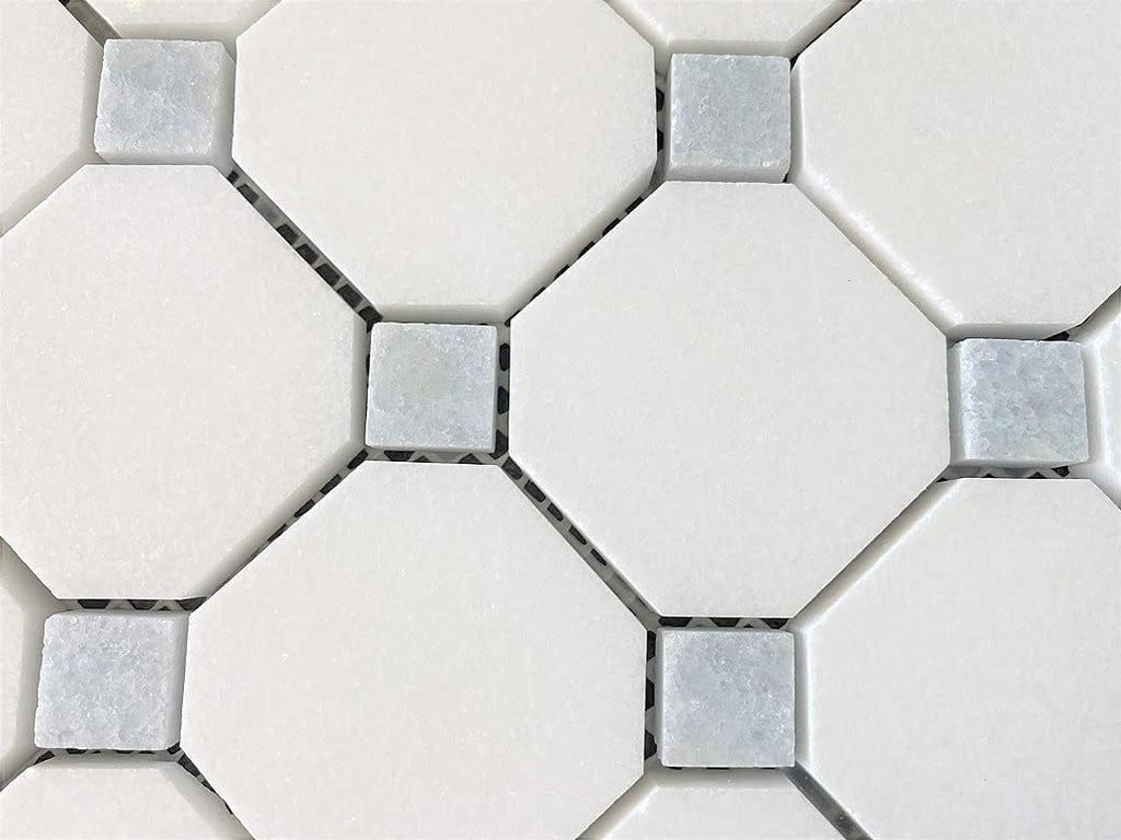 Octagon Thassos White with Sky Blue Dots Polished Marble Mosaic Floor Wall Tile (Box of 5 Sheets) Backsplash