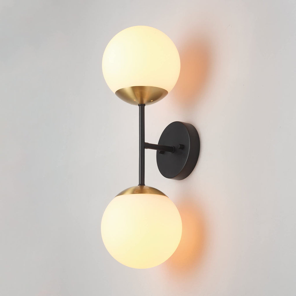 2-Light Wall Sconce, Matte Black, Antique Brass Accent Socket, Matte Opal Glass Shades, Modern Light, Dimmer Switch