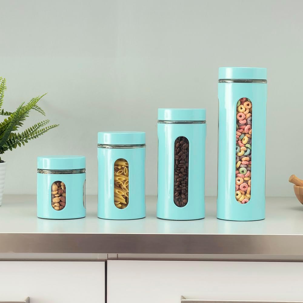 Kitchen Canisters Set For Countertop By | Retro-Styled Canisters Counter | Stainless Steel and Glass, See-Through - Set of 4
