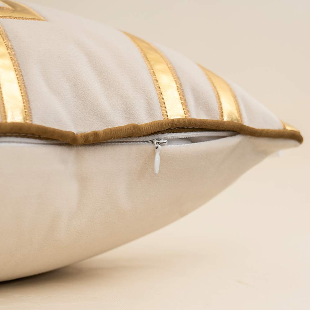 Gold Leather Striped White Throw Pillow Cover 20x20 Inch, Geometric Luxury Decorative Embroidered Velvet Pillow Cover