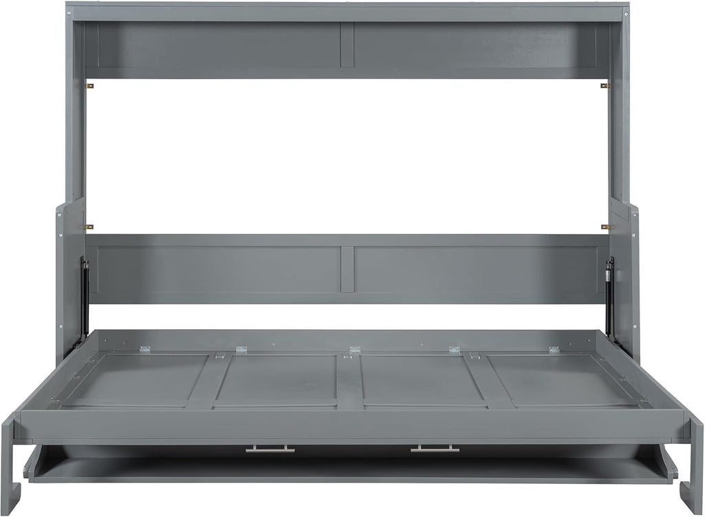 Queen Horizontal Murphy Bed with Desk,Solid Wood Folding Hideaway Murphy Wall Bed for Adult,Guest Room (Grey,Queen)