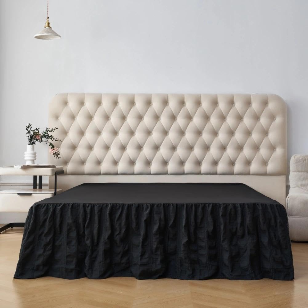 Bed Skirt, Crinkle Textured Stripe Bed Skirt with Platform, Black