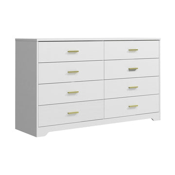 8 Drawer Wood Lateral Dresser, Big Wide Chest of Drawers Storage Organizer with Metal Gold Handles Home Bedroom