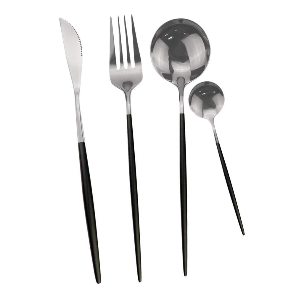 24-Piece Flatware Set, 18/0 Stainless Steel Knife Fork Spoon Teaspoon Silverware Set, Service for 6, Black Handle