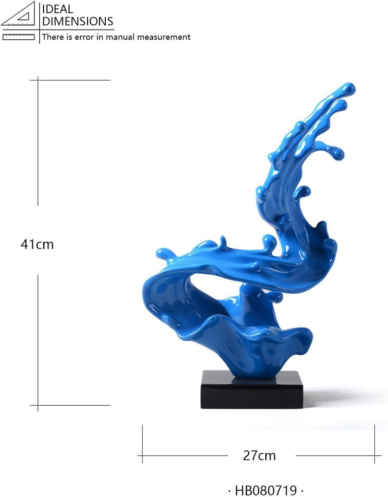 Modern Sculpture Abstract Sea Wave Figurine Home Art Decor 16.1Inch | Blue Resin Handmade Statue with Black Base