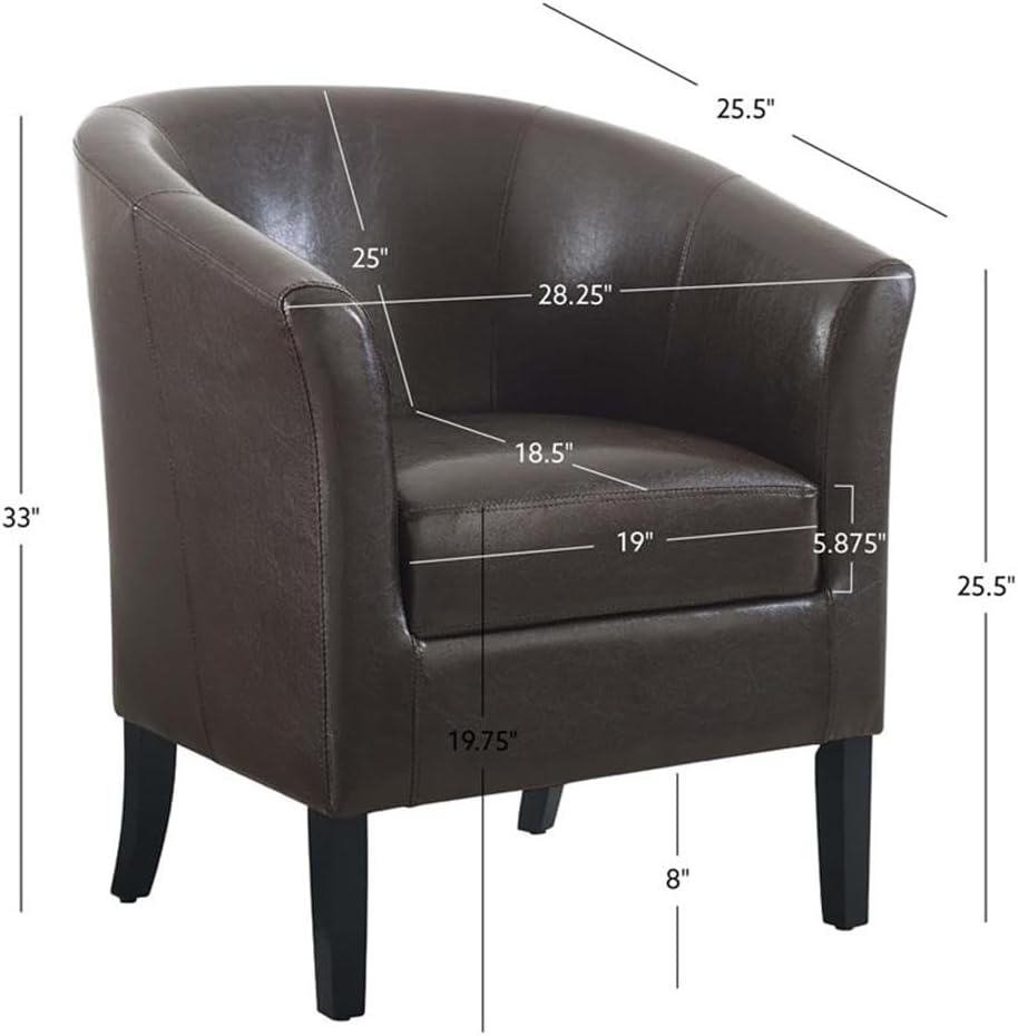 Contemporary Faux Leather Barrel Club Chair, Brown Finish, Rubberwood Frame, Upholstered Vinyl, Flared Armrests