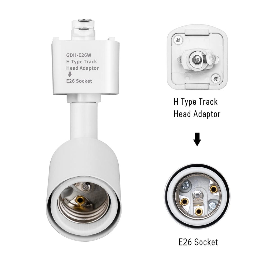 H Type Track Lighting Head to E26 Medium Screw Base Adapter Light Direction Adjustable Pack of 12 (White)