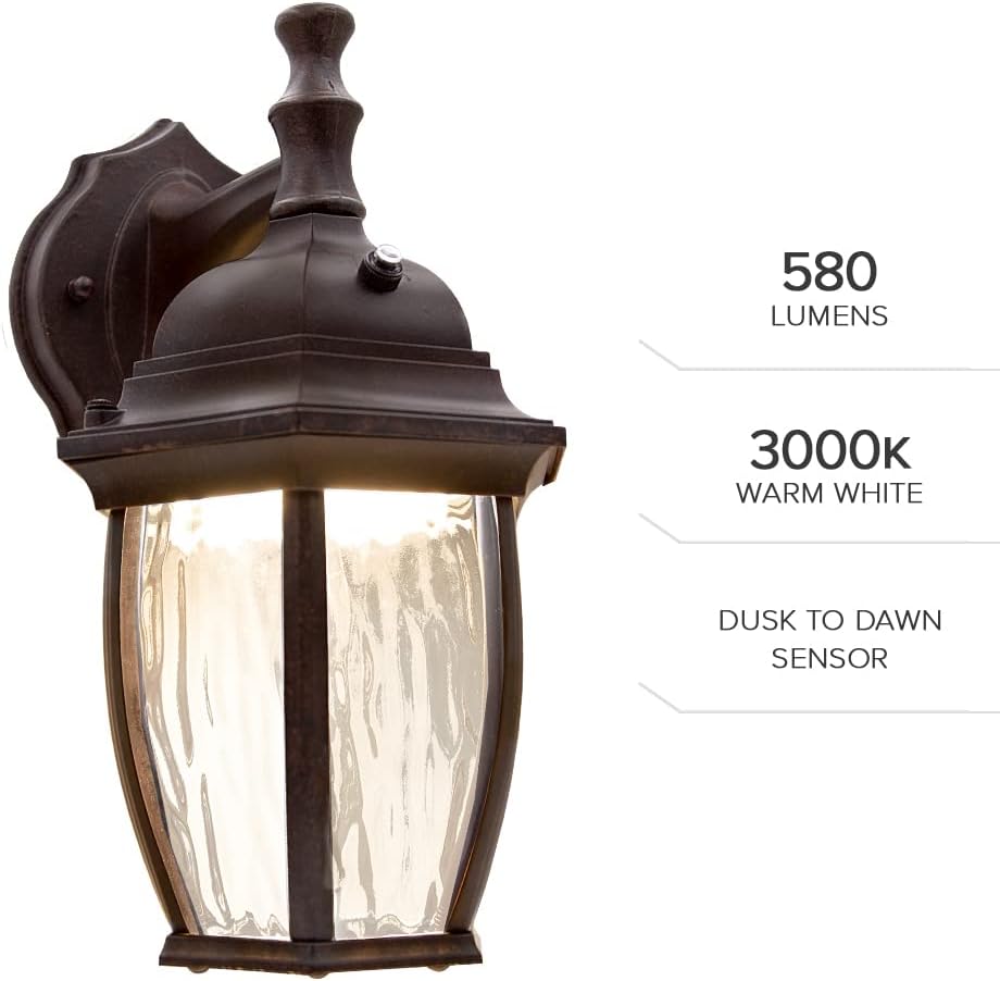 LED Outdoor Wall Light - Features Clear Water Glass, 3000K Warm White, 580 Lumens, Dusk to Dawn Photocell Light Sensor