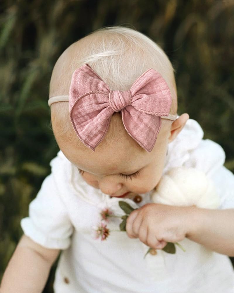 Baby Girl Muslin Headbands, 6pcs Cotton Baby Bows for Newborns