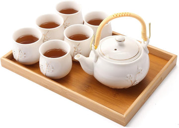 Japanese White Porcelain Tea Set - Teapot, 6 Tea Cups, Tray & Stainless Infuser - Plum in Golden