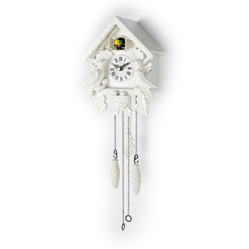 Cuckoo Clock with Night Mode, Wooden Decorations and Swinging Pendulum (White)