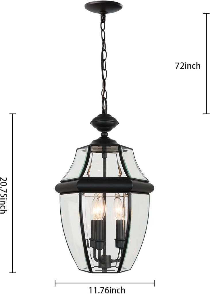 Large Outdoor Pendant Light Fixture 3-Light, 20in Modern Black Outdoor Chandelier Hanging Porch Light