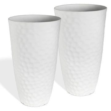 Garden 24" H Tall Hammered Texture Planters Set of 2 - Matte White Plastic Flower Pot with Drainage Holes, Modern