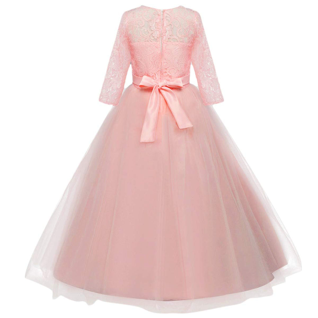 Flower Girls 3/4 Sleeve Tulle Lace First Communion Dress Birthday Christening Pageant Wedding Party Ball Gown Pink