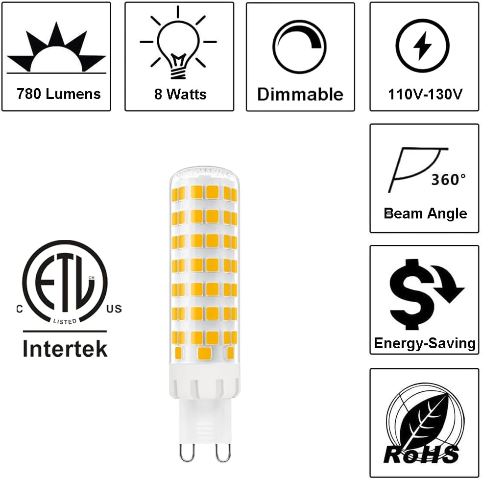 Dimmable G9 LED Bulb 8W, 75W G9 Halogen Bulb Equivalent, 780LM,120V, 3000K Warm White, 5-Pack