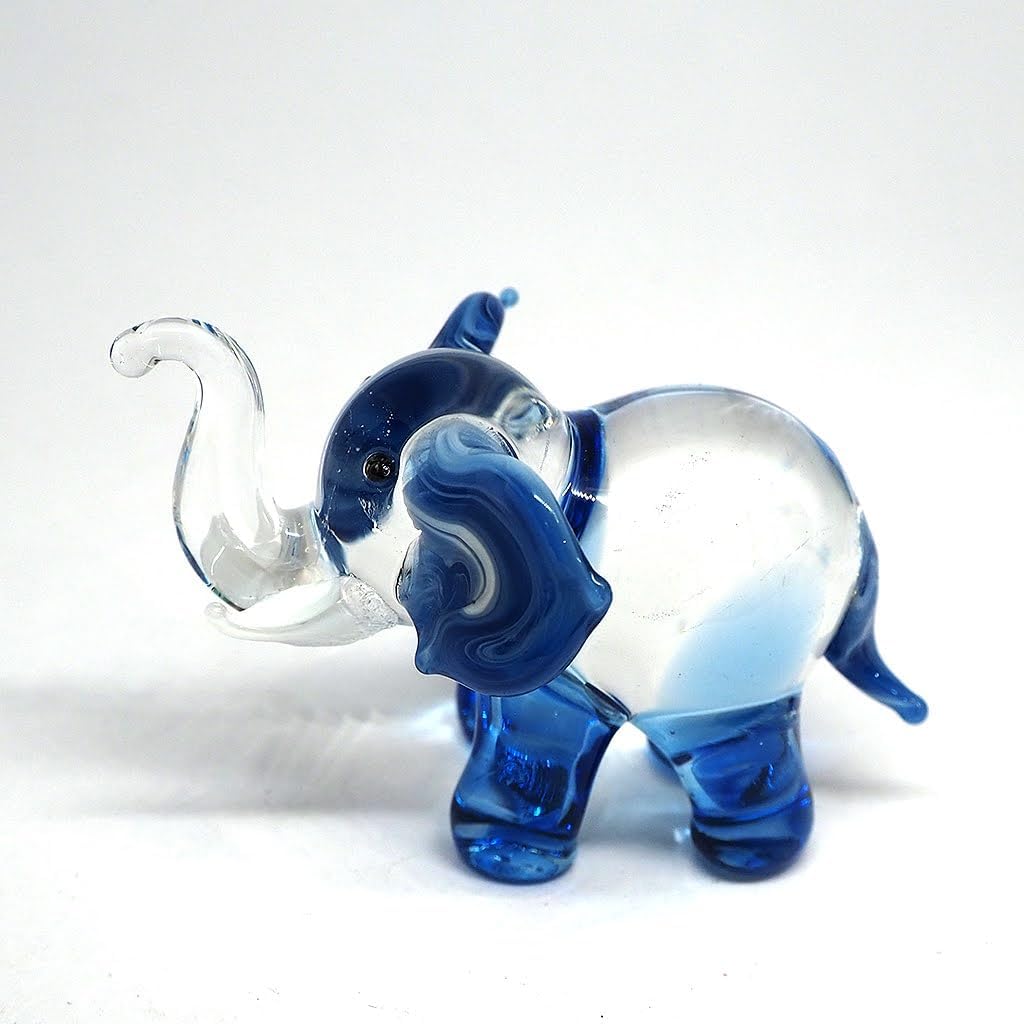 Lucky Elephant Figurines Blue Hand Blown Art Glass Collectible Animal Ornament Gift Decor, 1.5 x 2.5 x 1.8 inches